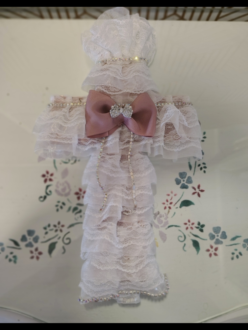 Lace Cross Ornament with Pink Bow